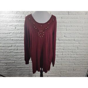 Roamans Womens Tunic 18 20 Long Sleeve Burgundy Faux Pearls Crochet BRO15E
